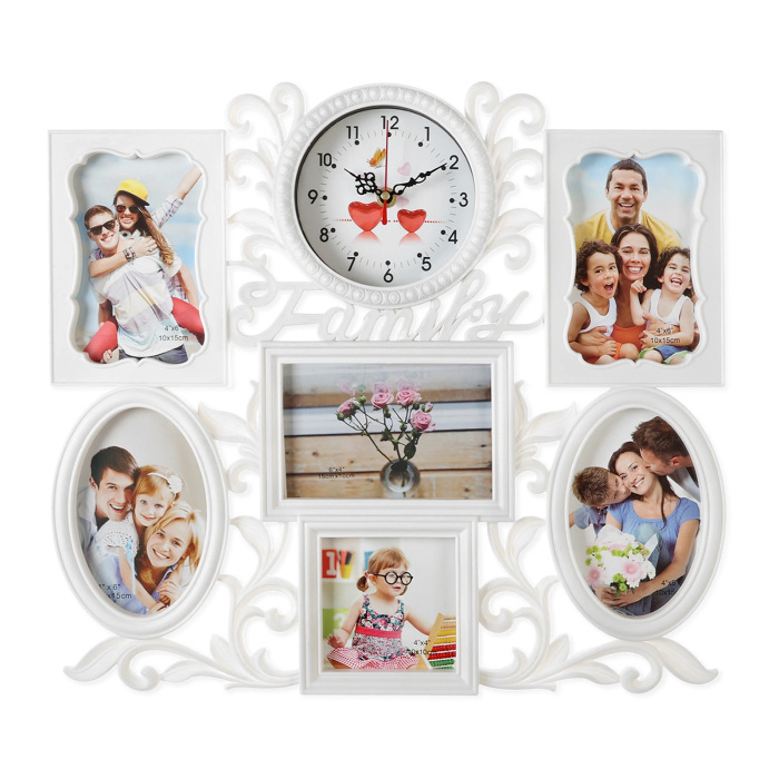 Фоторамка - коллаж на 6 фото с часами настенными Family, бесшумные, 45×37 см, d=11.5 см